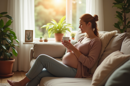 Femme enceinte relaxee avec tisane dans un salon lumineux
