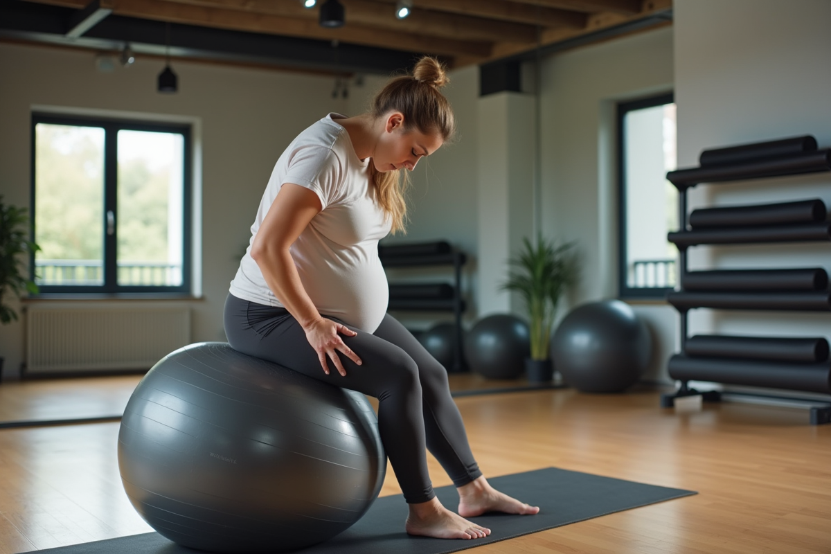 Femme enceinte faisant un étirement avec ballon dans salle de sport moderne