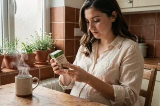 Femme enceinte lisant attentivement la composition d'une boîte de tisane dans une cuisine chaleureuse
