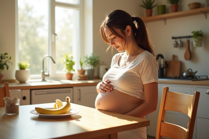 Femme enceinte au premier trimestre mangeant une banane dans la cuisine