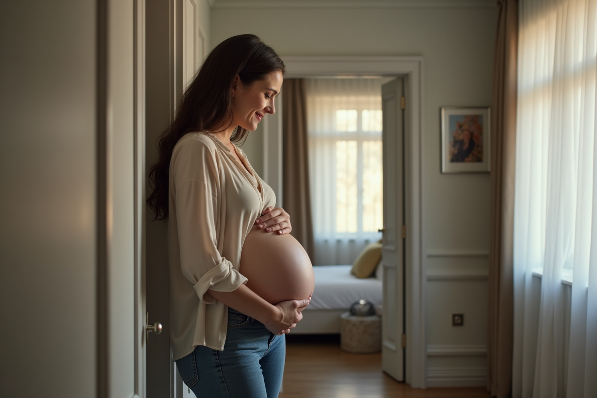 Femme enceinte regardant son reflet dans un miroir dans le couloir