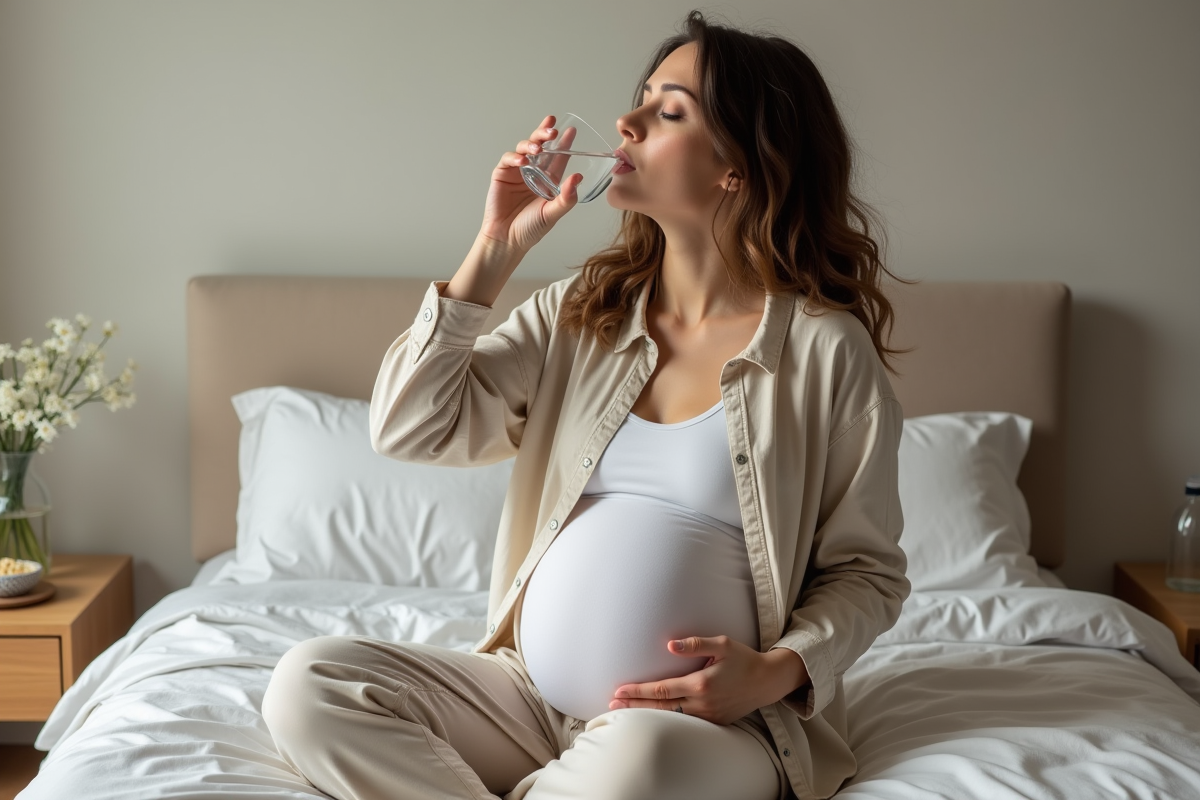 Femme enceinte buvant de l'eau dans sa chambre calme