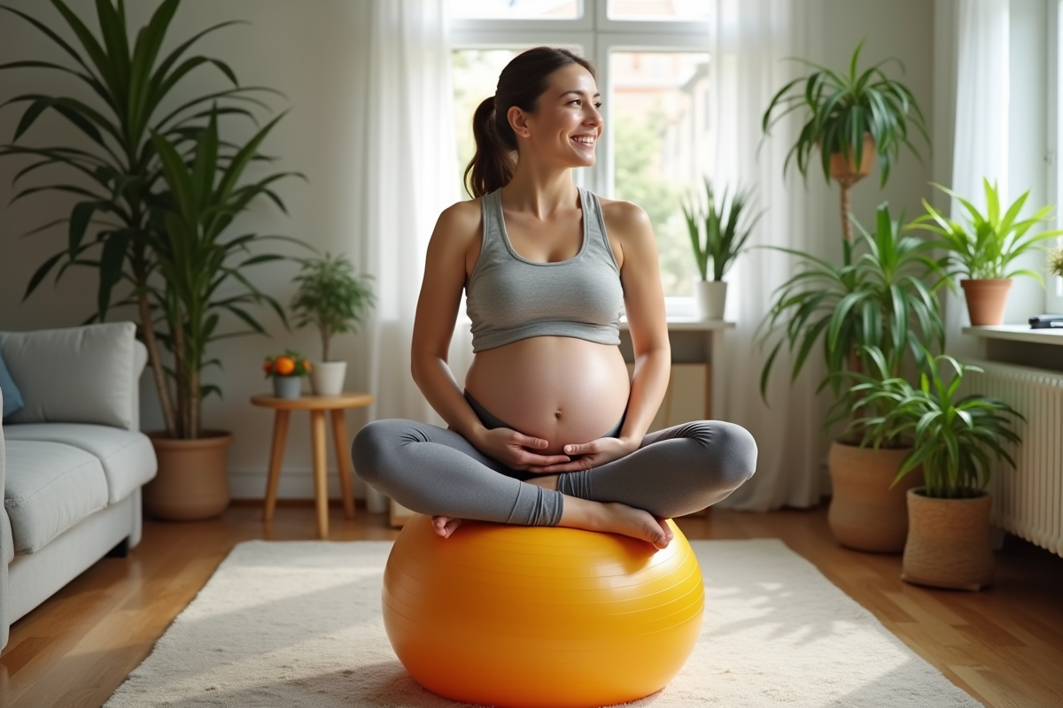 Femme enceinte assise sur ballon de fitness dans un salon chaleureux