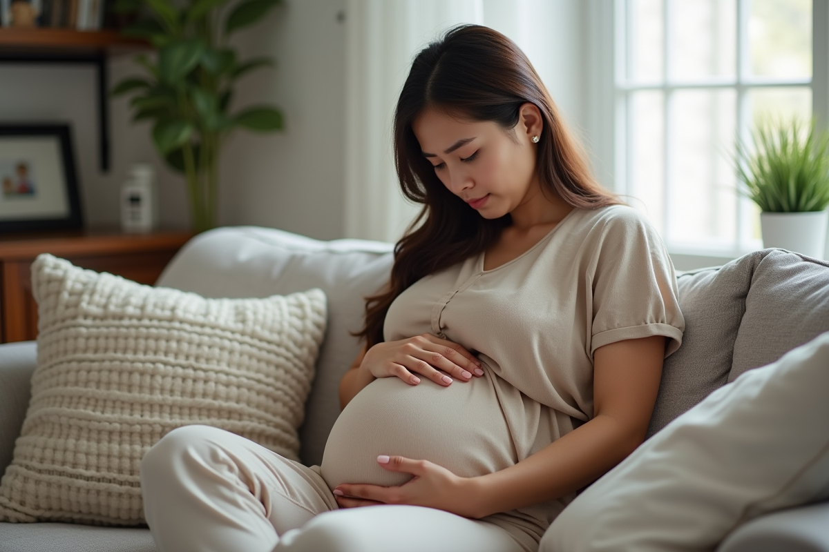 Femme enceinte assise sur un canapé dans un salon cosy