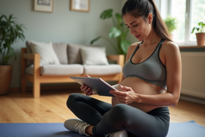 Femme enceinte en sport s'entrainant à la maison
