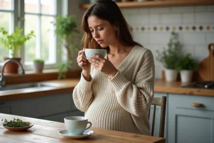 Femme enceinte sirotant infusion de thym dans la cuisine