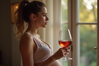 Femme enceinte tenant un verre de vin en hésitant