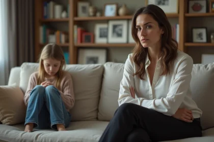 Femme et enfant en conflit familial dans le salon