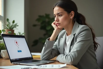 Femme frustrée face à une erreur de connexion sur son ordinateur portable dans un bureau à domicile