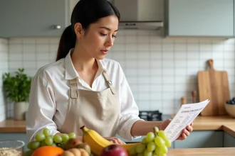 Femme comparant des fruits frais à un tableau d'index glycémique dans une cuisine moderne
