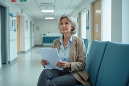 Femme d'&acirc;ge moyen dans une salle d'attente d'h&ocirc;pital calme