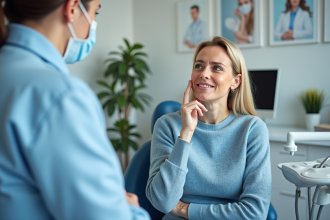Femme inquiète en salle dentaire moderne