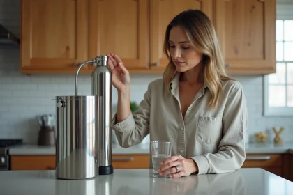 Femme inspectant un filtre à eau Berkey en inox dans une cuisine moderne, exprimant un doute sur ses performances