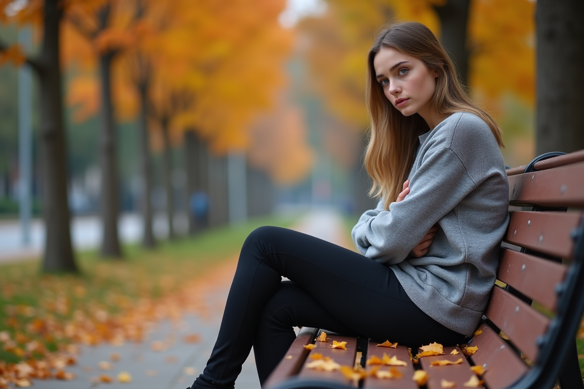 Jeune femme assise sur un banc dans un parc en automne