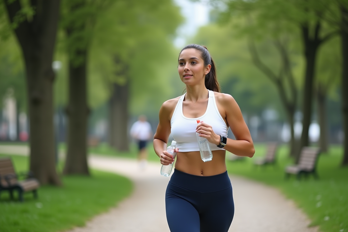 Jeune femme courant dans un parc vert en tenue sportive