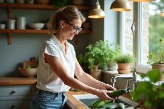 Femme souriante lavant des concombres dans une cuisine de ferme