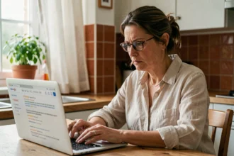 Femme lisant des avis clients Purisaki sur son ordinateur portable dans une cuisine moderne en 2026