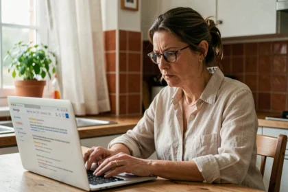 Femme lisant des avis clients Purisaki sur son ordinateur portable dans une cuisine moderne en 2026