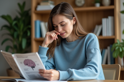 Femme lisant un magazine sur la santé du cerveau dans un intérieur calme
