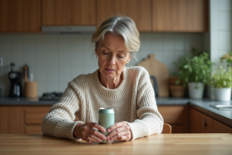 Femme de 50 ans lisant une étiquette de soda dans une cuisine chaleureuse