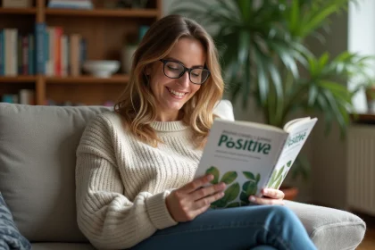 Femme lisant Psychologie Positive sur un canap&eacute; chaleureux