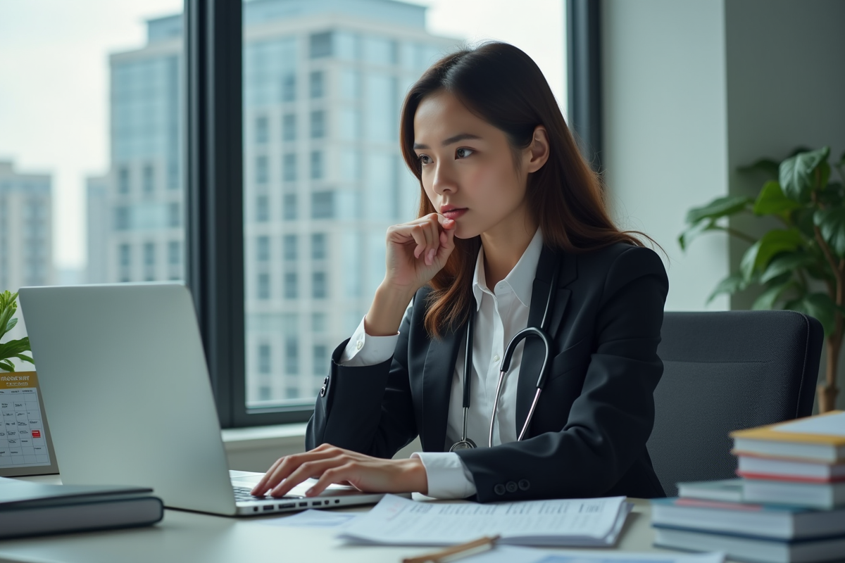 Jeune femme médecin au bureau avec stethoscope et ordinateur