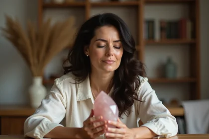 Femme tenant une pierre de quartz rose en méditation pour découvrir sa pierre de vie et mission d'âme