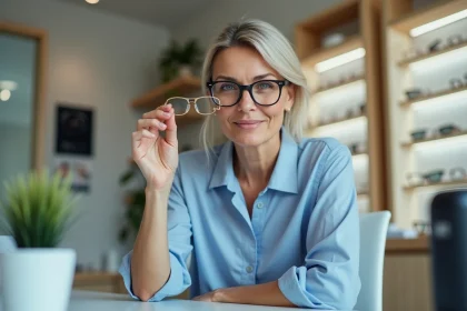 Femme d'&acirc;ge moyen examinant des lunettes dans un magasin moderne