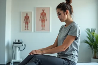 Femme assise sur une table d'examen dans une clinique orthopedique