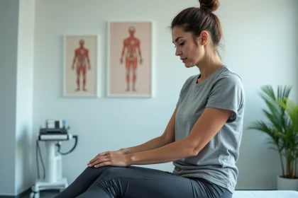 Femme assise sur une table d'examen dans une clinique orthopedique