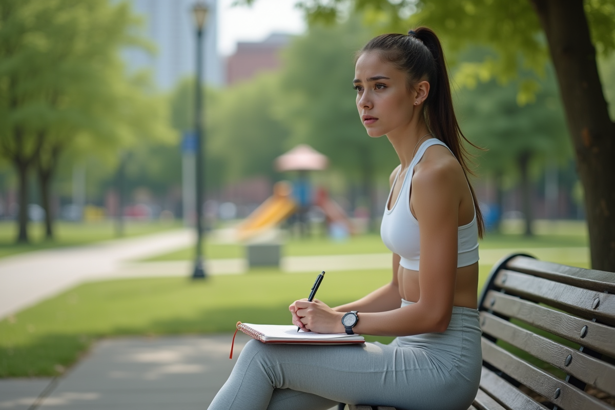 Jeune femme en tenue sportive sur un banc dans un parc