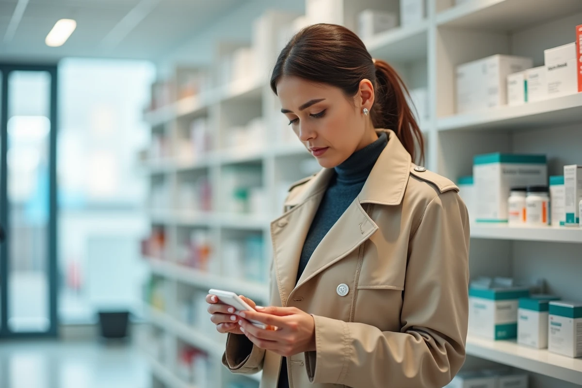 Femme à la pharmacie lisant une boîte de médicaments pour traiter une infection à mycoplasme causant des douleurs menstruelles