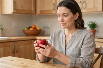 Femme tenant une pomme rouge dans une cuisine en bois, illustrant le lien entre la pomme et la digestion