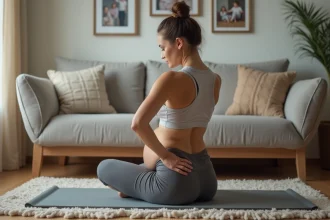 Femme en tenue postpartum assise sur un tapis dans un salon