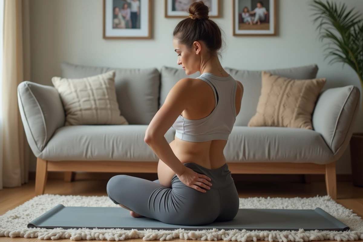 Femme en tenue postpartum assise sur un tapis dans un salon