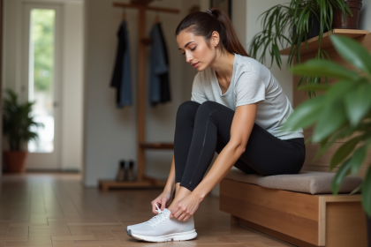 Femme en tenue de sport se préparant pour courir à la maison