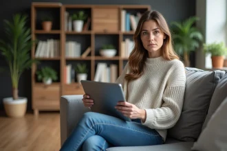 Femme assise sur un canapé avec tablette en main pour la psychotherapie