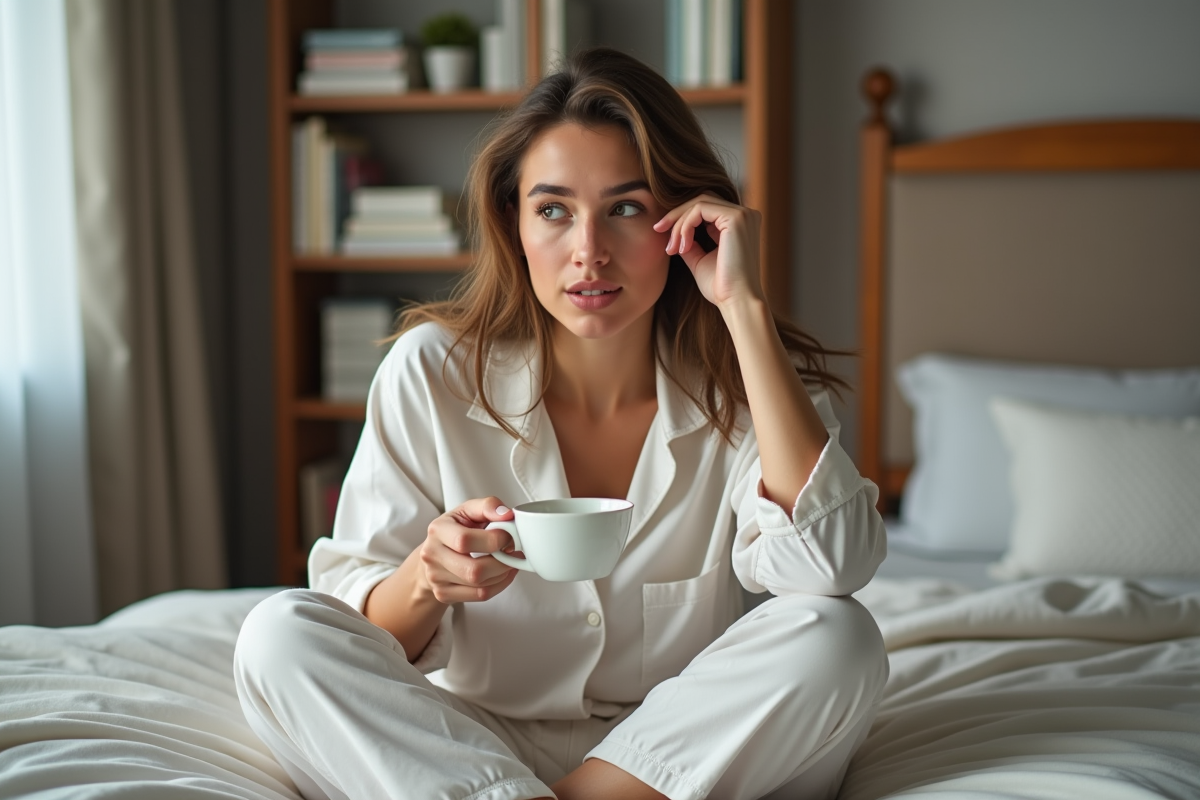 Femme en pyjama détendu sirotant une tisane dans sa chambre