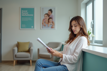 Femme lisant son carnet de vaccination à la clinique