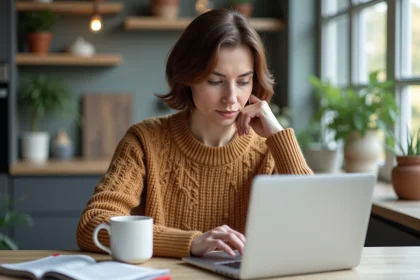 Femme m&eacute;ditative lisant un article sant&eacute; sur son ordinateur