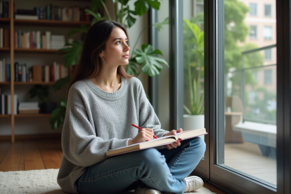 Femme pensante dans un appartement lumineux et calme