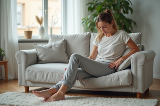 Femme détendue se massant les jambes dans un salon moderne