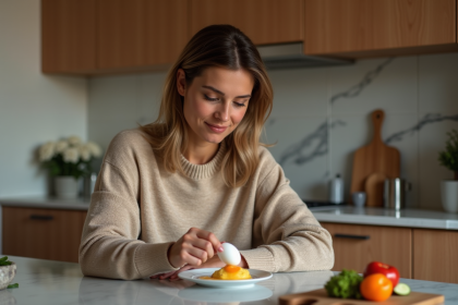 Femme en cuisine préparant un œuf dur dans un cadre moderne