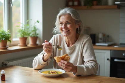 Femme d'&acirc;ge moyen mangeant une soupe dans la cuisine