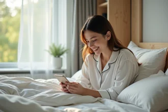 Femme souriante en pyjama coton au réveil dans chambre scandinave