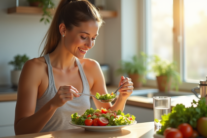 Femme en forme dégustant une salade saine dans une cuisine lumineuse