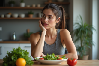 Femme pensante mangeant une salade saine à la maison