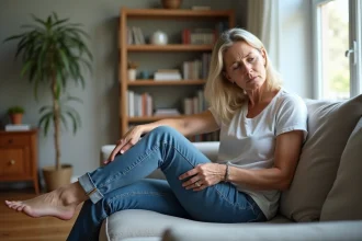 Femme assise sur un canapé avec une expression préoccupée