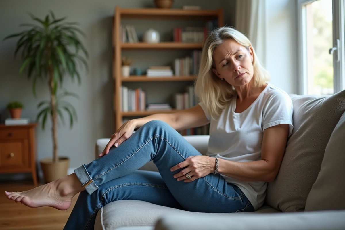Femme assise sur un canapé avec une expression préoccupée