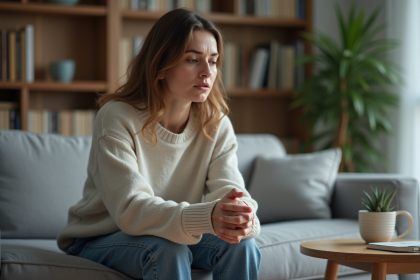 Femme anxieuse assise sur un canapé dans un salon cosy